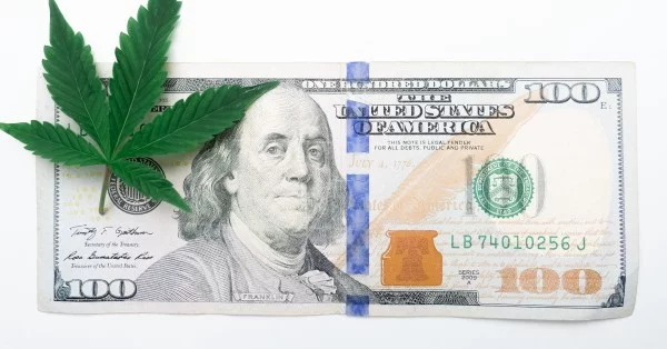 cannabis leaf and 100 dollar bill